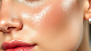 Close-up of radiant, glowing skin with refined pores and luminous complexion, natural lighting highlighting skin texture and clarity, beauty skincare focus