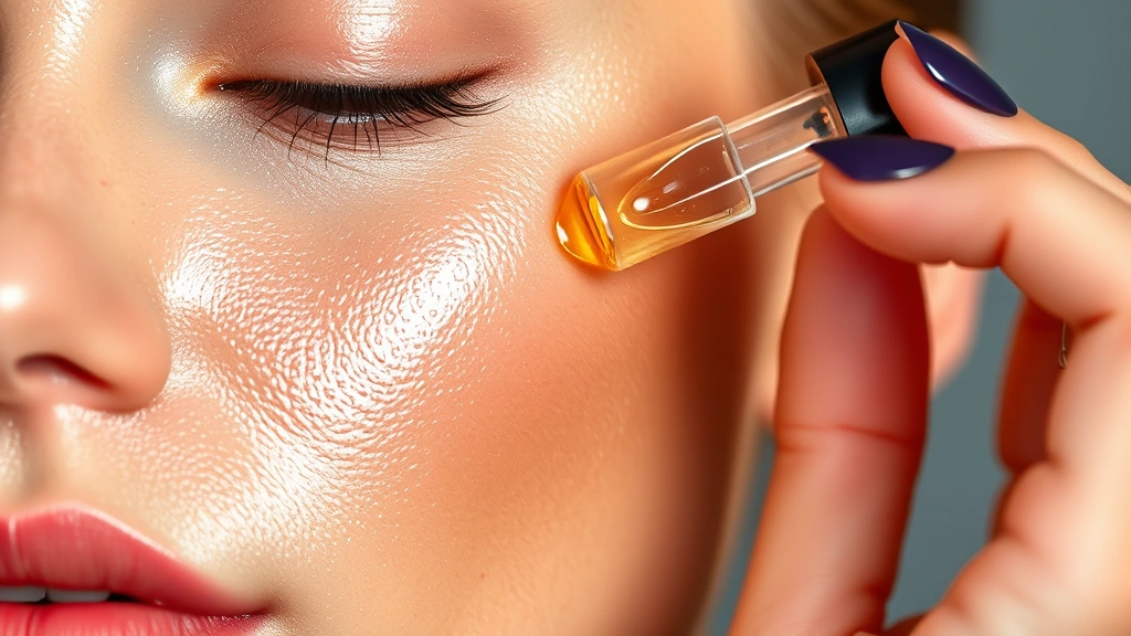 Woman applying luminous serum with dropper to glowing dewy skin, professional lighting highlighting skin texture and radiance, close-up beauty shot