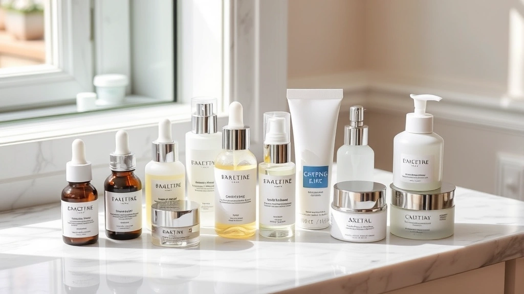 Organized skincare products including serums, moisturizers, and cleansers arranged on a marble vanity with natural window lighting, showing various textures and formulations, professional beauty photography
