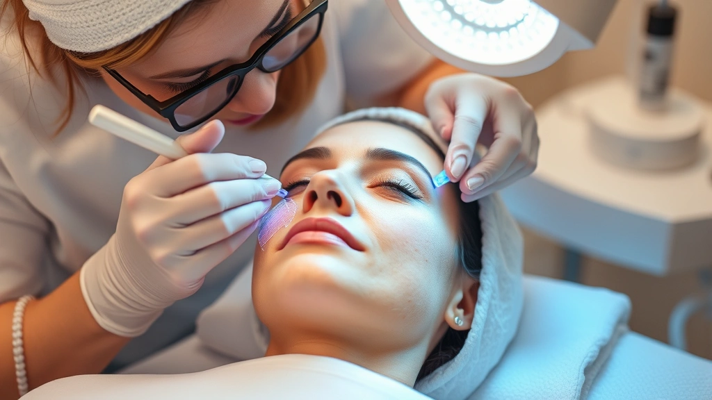 Professional aesthetician performing microneedling treatment on client's face, clinical skincare setting with professional equipment and LED lighting visible