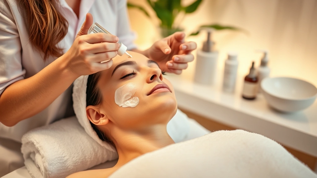 Woman receiving professional facial treatment at luxury spa, aesthetician applying serum or mask, focusing on skincare application technique and skin treatment, serene spa environment with soft lighting