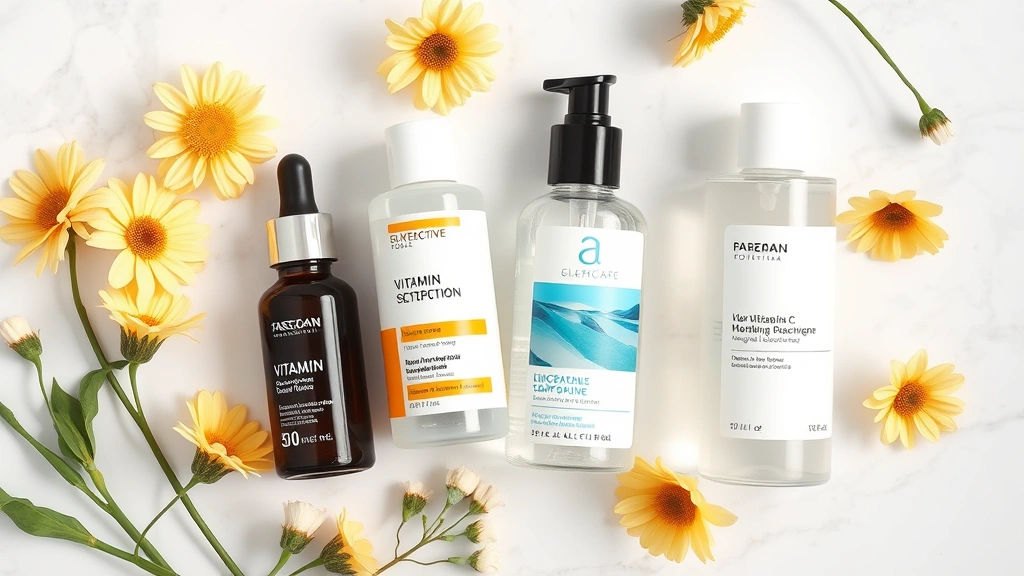 Morning skincare routine flat lay featuring sunscreen, vitamin C serum, ceramide moisturizer, and hydrating toner bottles arranged artfully on marble surface with fresh flowers