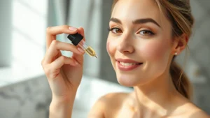 Professional woman applying vitamin C serum to clean, glowing face using a dropper bottle. Natural lighting highlighting radiant, healthy skin texture. Minimal makeup, serene expression, modern bathroom setting with white marble countertop.