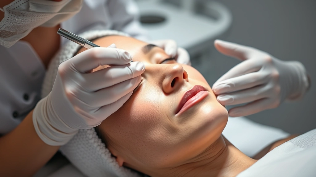 Dermatologist performing professional facial treatment on patient. Esthetician using advanced skincare device or applicator on well-prepped skin. Clinical setting with soft lighting, focus on skin texture improvement and professional technique.