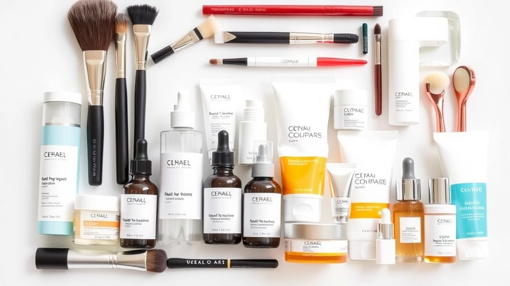 Organized skincare collection displaying serums, moisturizers, sunscreen, and cosmetic tools arranged aesthetically. Includes professional-grade brushes, skincare bottles, and beauty accessories. Neutral background with natural lighting emphasizing product textures and quality.