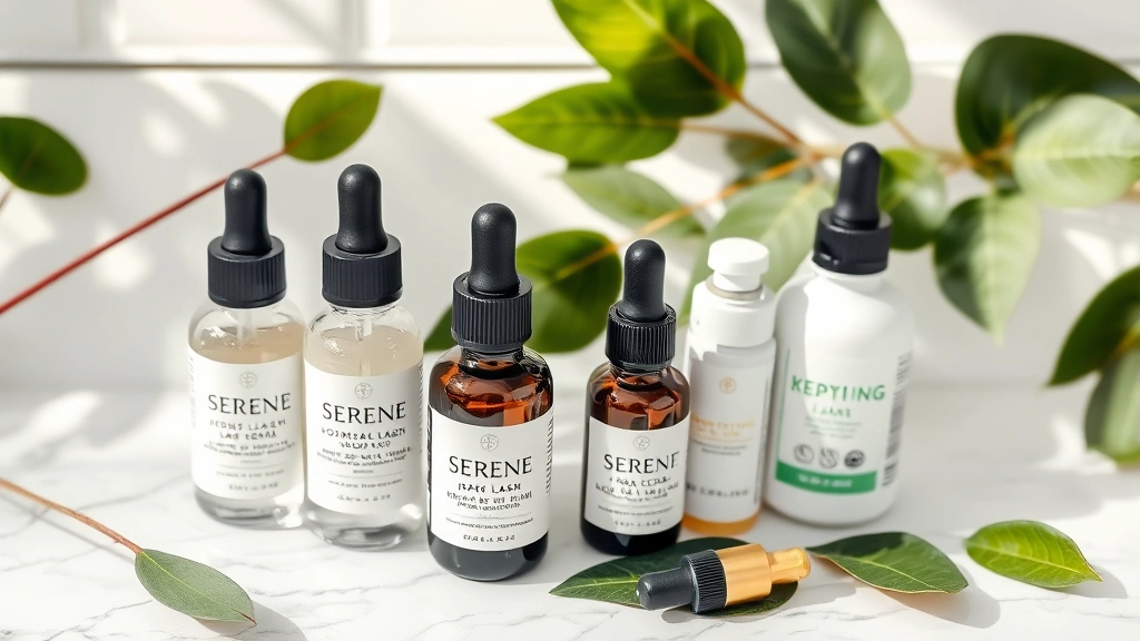 Serene spa-like flat lay of luxury lash serum bottles, biotin supplements, and botanical oil droppers arranged on white marble with green plant leaves and soft natural window lighting