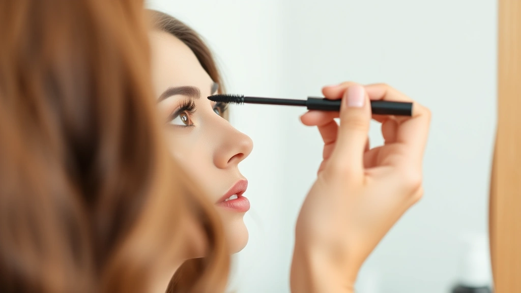 Woman applying black mascara with a wand to upper lashes while looking in mirror, professional beauty application technique, natural daylight, focused on brush-to-lash contact and technique