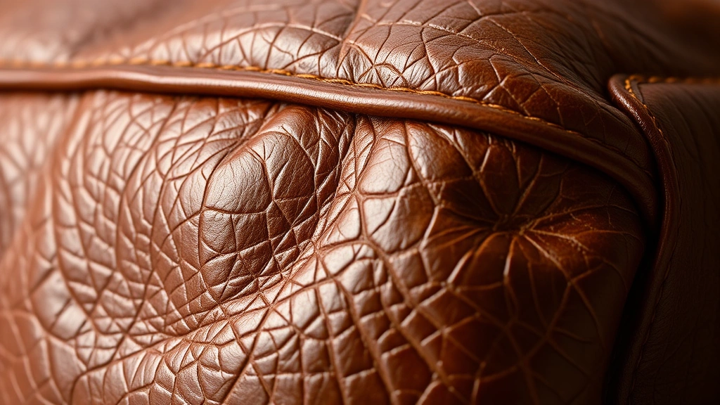 Close-up of premium full-grain leather cosmetic bag with rich patina, showing natural texture variations and aging characteristics, soft studio lighting highlighting leather surface details