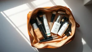 Flat lay overhead shot of an open tan full-grain leather cosmetic bag with organized makeup brushes, foundation bottles, and skincare serums neatly arranged inside, natural window lighting casting soft shadows