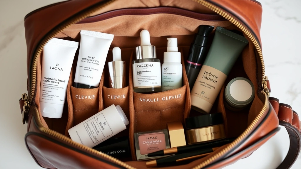 Organized interior view of luxury leather cosmetic bag displaying compartmentalized skincare products including serums, moisturizers, and makeup items neatly arranged with visible suede lining