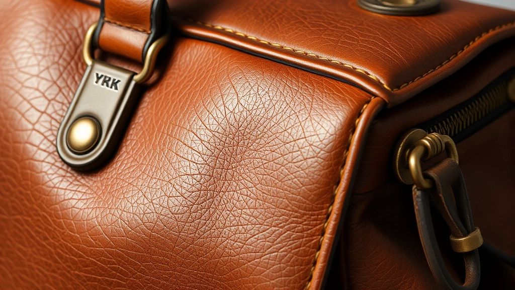 Close-up detail of rich cognac-brown top-grain leather texture showing natural patina marks and aged character, with quality brass hardware and YKK zipper visible, professional studio lighting
