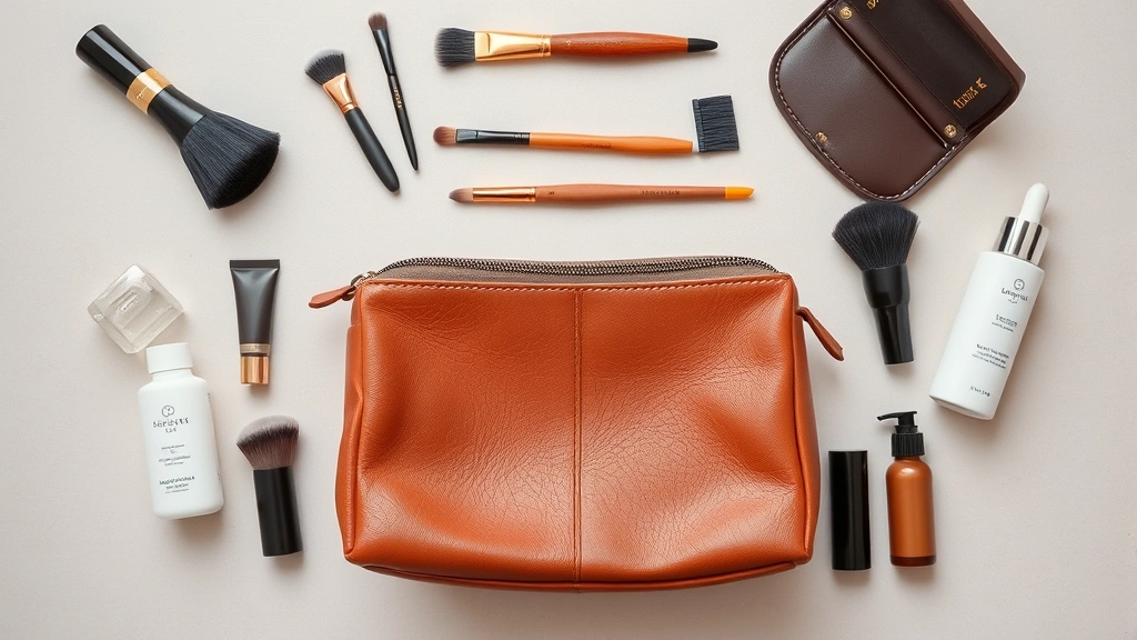 Flat lay composition of well-maintained leather cosmetic bag beside grooming tools, quality brushes, and skincare product bottles arranged on neutral background showing bag's functional design
