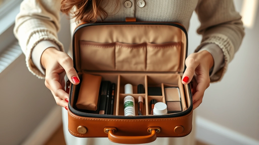 Woman's hands opening a structured caramel leather cosmetic case revealing compartmentalized interior with multiple organized sections containing makeup palettes and skincare products, warm natural lighting