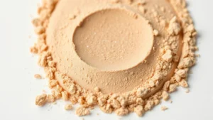 Close-up of finely milled mineral foundation powder in warm beige undertone, showing luminous texture with mica shimmer on white background, soft natural lighting highlighting powder fineness