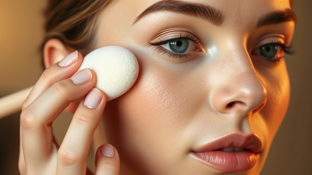 Beauty sponge applying mineral foundation to cheekbone area, demonstrating blending technique on fair skin with visible coverage building, warm studio lighting showing seamless application