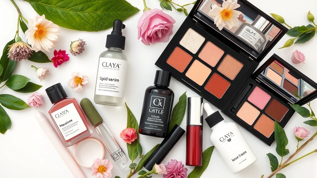 Flat lay arrangement of diverse cruelty-free cosmetic products including liquid serum, eyeshadow palette, lipstick, and skincare bottles with natural botanical elements like leaves and flowers