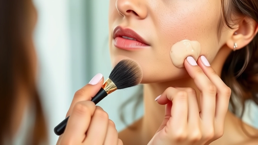 Woman applying liquid foundation or tinted moisturizer to cheek with brush, showing blended coverage on diverse skin tone, natural daylight, focus on skincare and makeup application technique