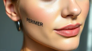 Close-up of a woman's face with smooth, poreless skin from primer application, natural lighting showing the radiant base before foundation, professional makeup photography style