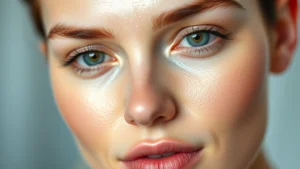 Close-up of dewy, luminous complexion with light reflecting off skin, fresh makeup base, no makeup visible, soft natural lighting, flawless skin texture