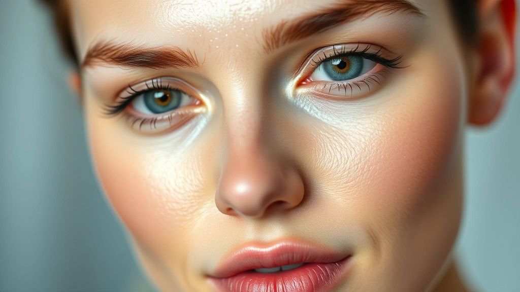Close-up of dewy, luminous complexion with light reflecting off skin, fresh makeup base, no makeup visible, soft natural lighting, flawless skin texture