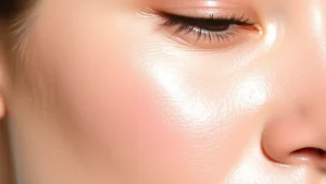 Close-up of dewy, glowing skin with primer applied, showing smooth texture and radiant finish under natural light, no makeup visible