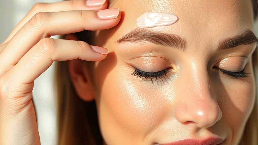 Woman with glowing, smooth skin applying transparent silicone-based primer to forehead with fingertip, natural lighting, close-up of textured skin becoming smooth