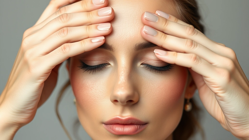 Hands applying translucent primer gel to forehead with upward strokes, blending motion captured mid-application, fresh clean skin visible, professional makeup artist technique