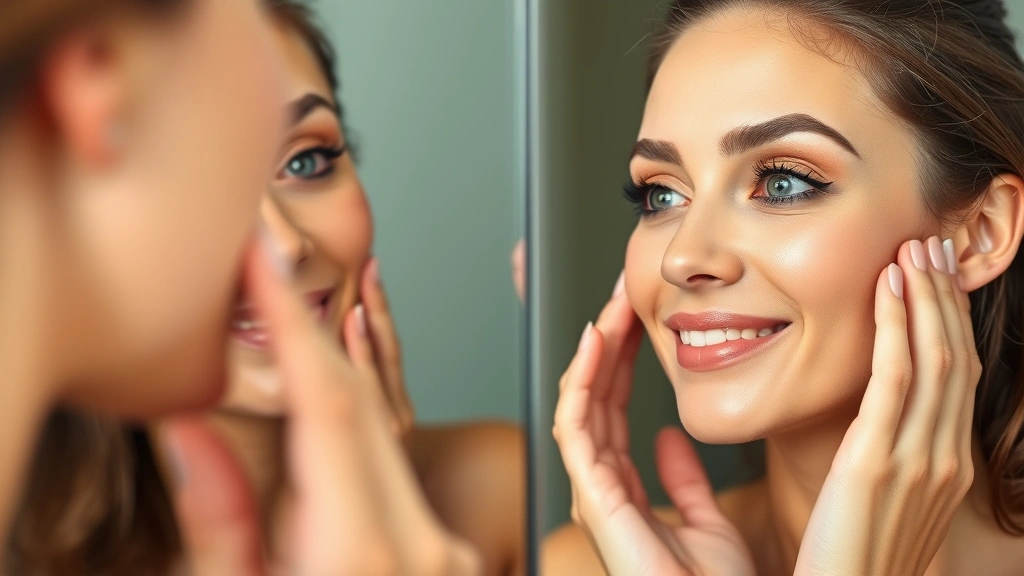 Diverse woman examining her pores in mirror after primer application, clear dewy skin with minimized pores, professional beauty lighting, satisfied expression
