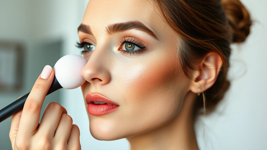 Makeup artist blending primer on cheekbones with damp beauty sponge, professional application technique, natural skin tones visible through sheer primer layer