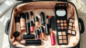 Luxury cosmetic case interior showing organized makeup products including foundation bottles, lipstick collection, and eyeshadow palettes neatly arranged on soft fabric lining, natural lighting highlighting product placement and storage efficiency