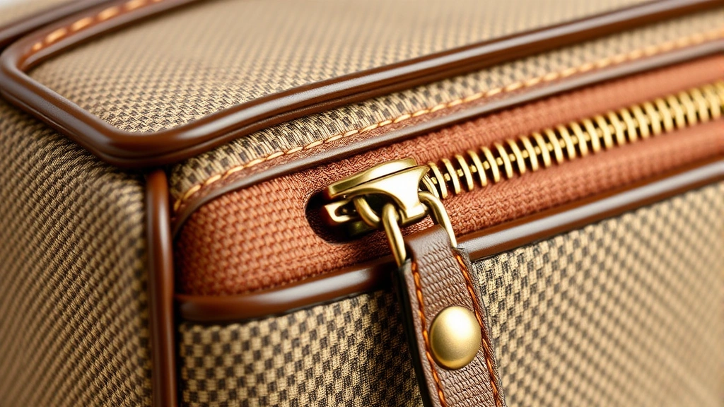 Close-up detail of high-quality cosmetic case hardware and zipper mechanism, showing brass or gold-tone metal with leather trim against coated canvas, demonstrating premium craftsmanship and material durability