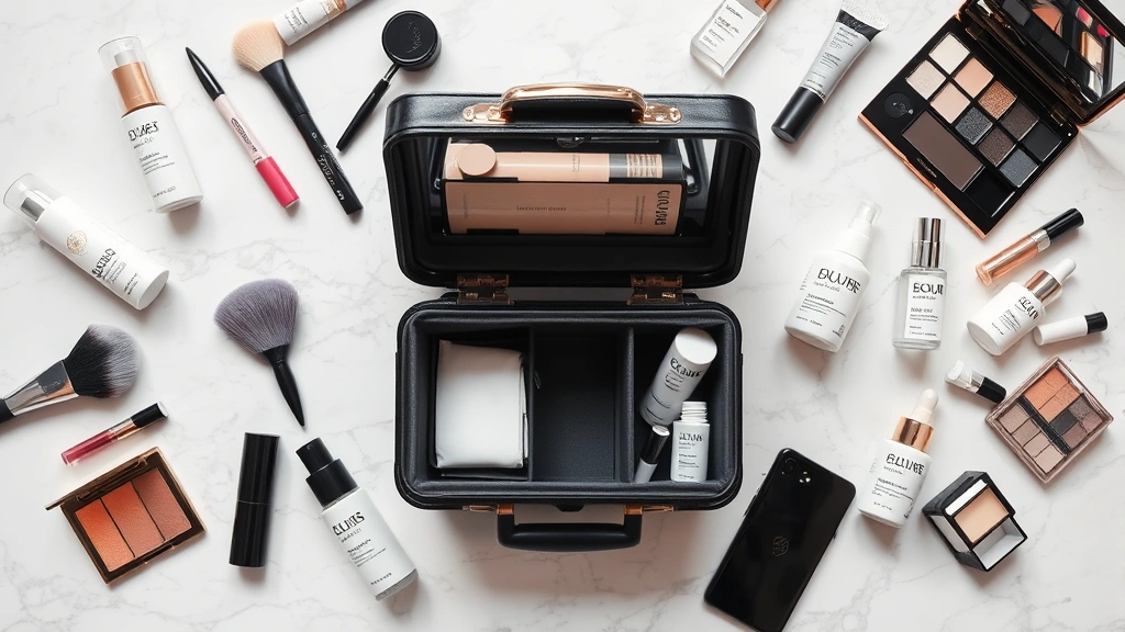 Styled flat lay composition featuring cosmetic case surrounded by various makeup products including brushes, serums, and skincare items on marble surface, representing the investment decision between luxury storage and product quality