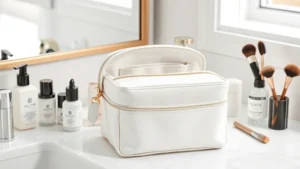 Minimalist white and neutral-tone cosmetic bag displayed on marble bathroom counter next to skincare bottles and makeup brushes, soft natural lighting emphasizing clean design and organizational compartments
