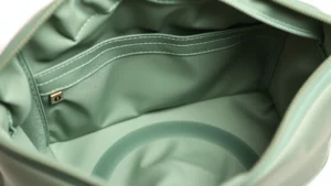 Close-up of empty Lululemon cosmetic bag interior showing smooth lining and internal pockets, neutral sage green color, professional product photography style, natural lighting