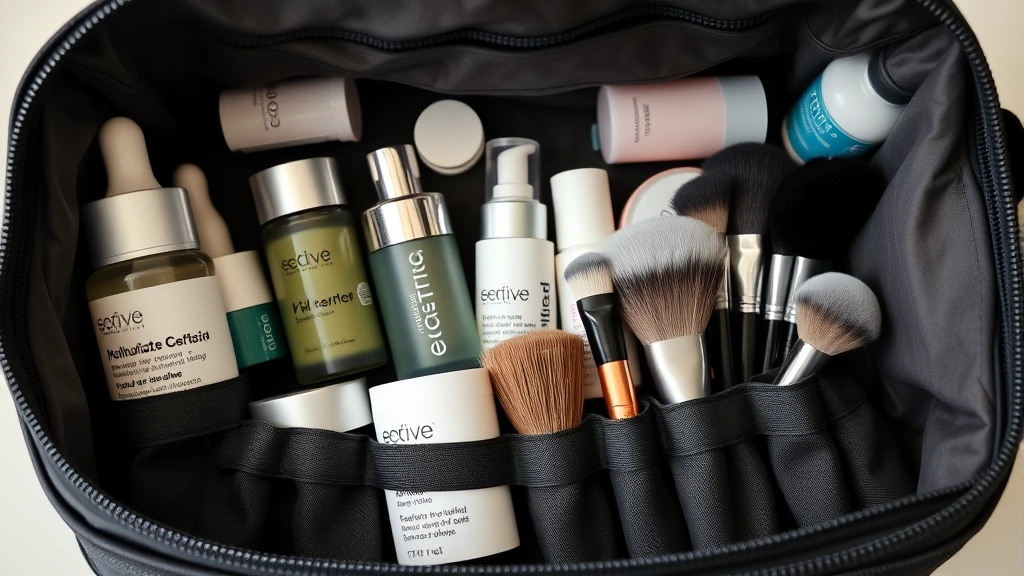 Packed cosmetic bag interior showing organized serums, moisturizers, and makeup products neatly arranged with elastic loops securing brushes, demonstrating storage capacity and functional organization system