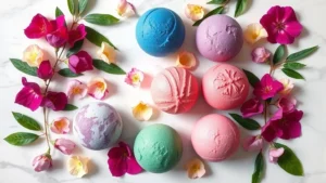 Overhead flat lay of colorful Lush bath bombs in jewel tones—purple, pink, blue, green—arranged artfully with fresh flower petals and green leaves on white marble surface, natural soft lighting