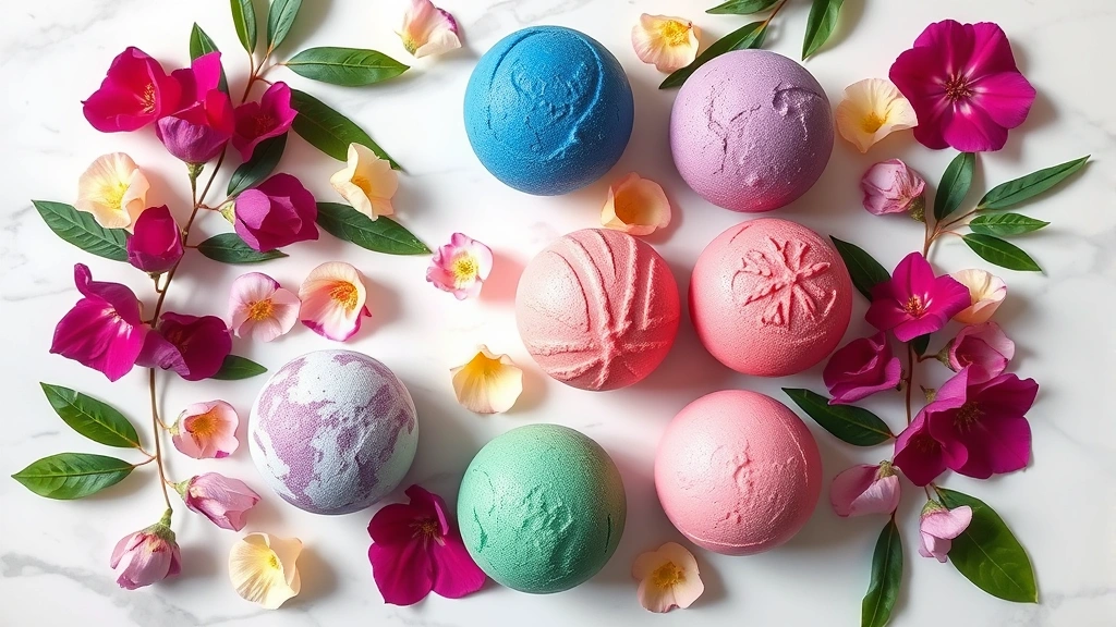 Overhead flat lay of colorful Lush bath bombs in jewel tones—purple, pink, blue, green—arranged artfully with fresh flower petals and green leaves on white marble surface, natural soft lighting