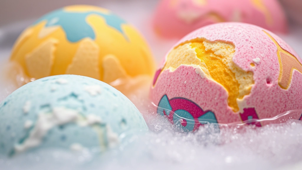 Close-up of Lush bath bombs with vibrant colors and fizzing texture in warm bathwater, steam rising, photorealistic, luxury spa aesthetic
