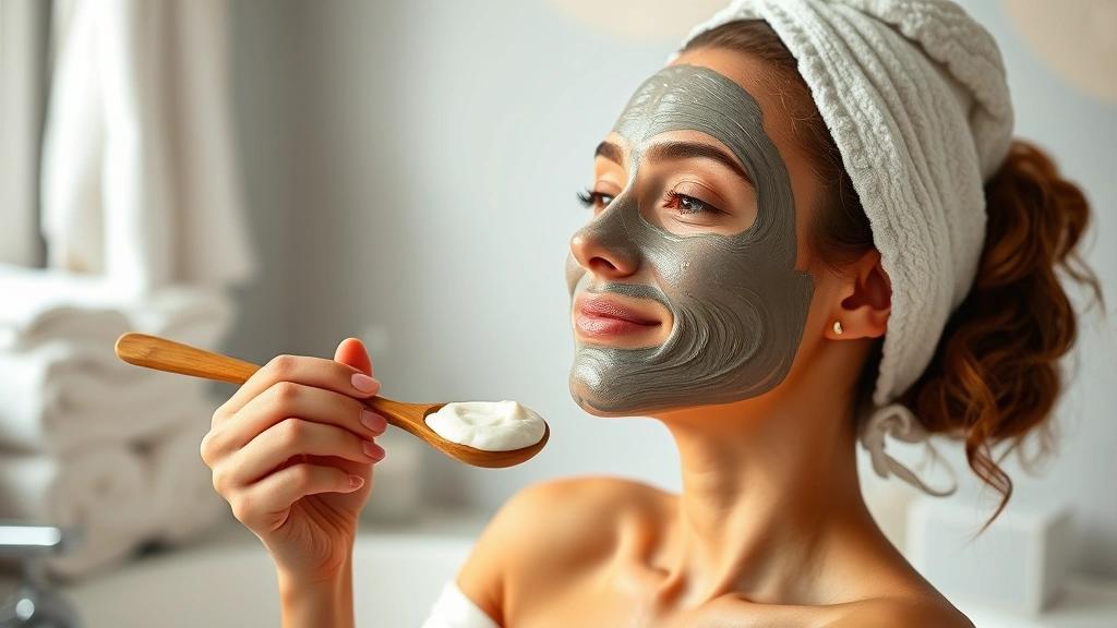 Woman with glowing, hydrated skin applying creamy Lush face mask with wooden spatula, serene spa-like bathroom setting with white towels and soft diffused natural light