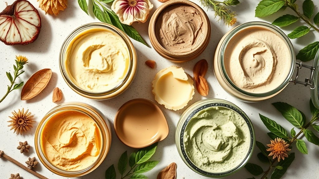 Overhead flat lay of fresh Lush face masks in glass jars with shea butter, clay, and botanical ingredients visible, natural lighting highlighting textures