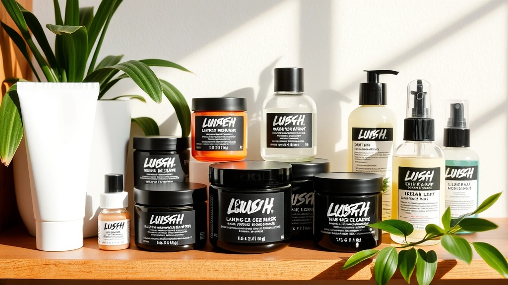 Beautifully arranged Lush skincare products including moisturizers, face masks, and cleansers in glass jars displayed on wooden shelf with green plants and natural daylight, minimalist aesthetic