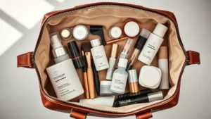 Professional overhead flat-lay of an open luxury cosmetic bag in rich leather displaying organized compartments with skincare bottles, makeup brushes, and cosmetics neatly arranged, soft natural lighting, elegant minimalist aesthetic, no text or labels visible