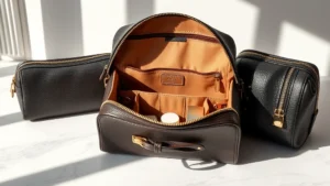 Luxury leather cosmetic bag with gold hardware, open to show organized interior compartments, displayed on white marble surface with soft natural lighting, professional product photography