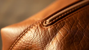 Close-up of luxury leather cosmetic bag with soft lighting, showing rich texture and quality stitching details, no visible text or logos, warm neutral tones