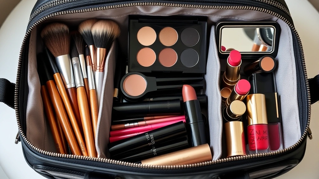 Organized cosmetic bag interior displaying makeup brushes, eyeshadow palettes, and lipsticks neatly arranged in compartments, natural daylight, professional photography