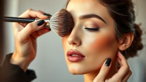 Professional makeup artist applying warm bronze powder to model's cheekbones with fluffy brush, natural studio lighting highlighting skin texture and seamless blending, photorealistic close-up shot