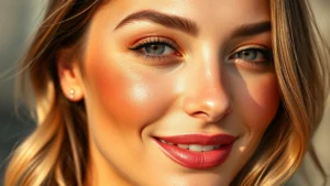 Close-up of a woman with warm, sun-kissed bronzed cheeks and glowing skin, professional makeup look, natural daylight, bronze powder visible on cheekbones