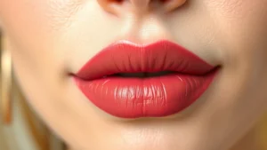Close-up of creamy lipstick texture swatched on fair skin showing rich pigmentation and satin finish, natural daylight, professional beauty photography