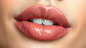 Close-up of a woman's lips wearing a rich, creamy nude-pink MAC lipstick shade, soft natural lighting highlighting the smooth texture and satin finish, professional beauty photography