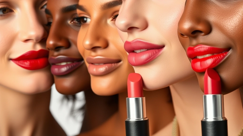 Diverse group of four women with different skin tones each wearing different MAC Creme Cup lipstick shades (red, nude, berry, coral), professional studio lighting, close-up of lips showing color payoff and creamy finish, no packaging or text